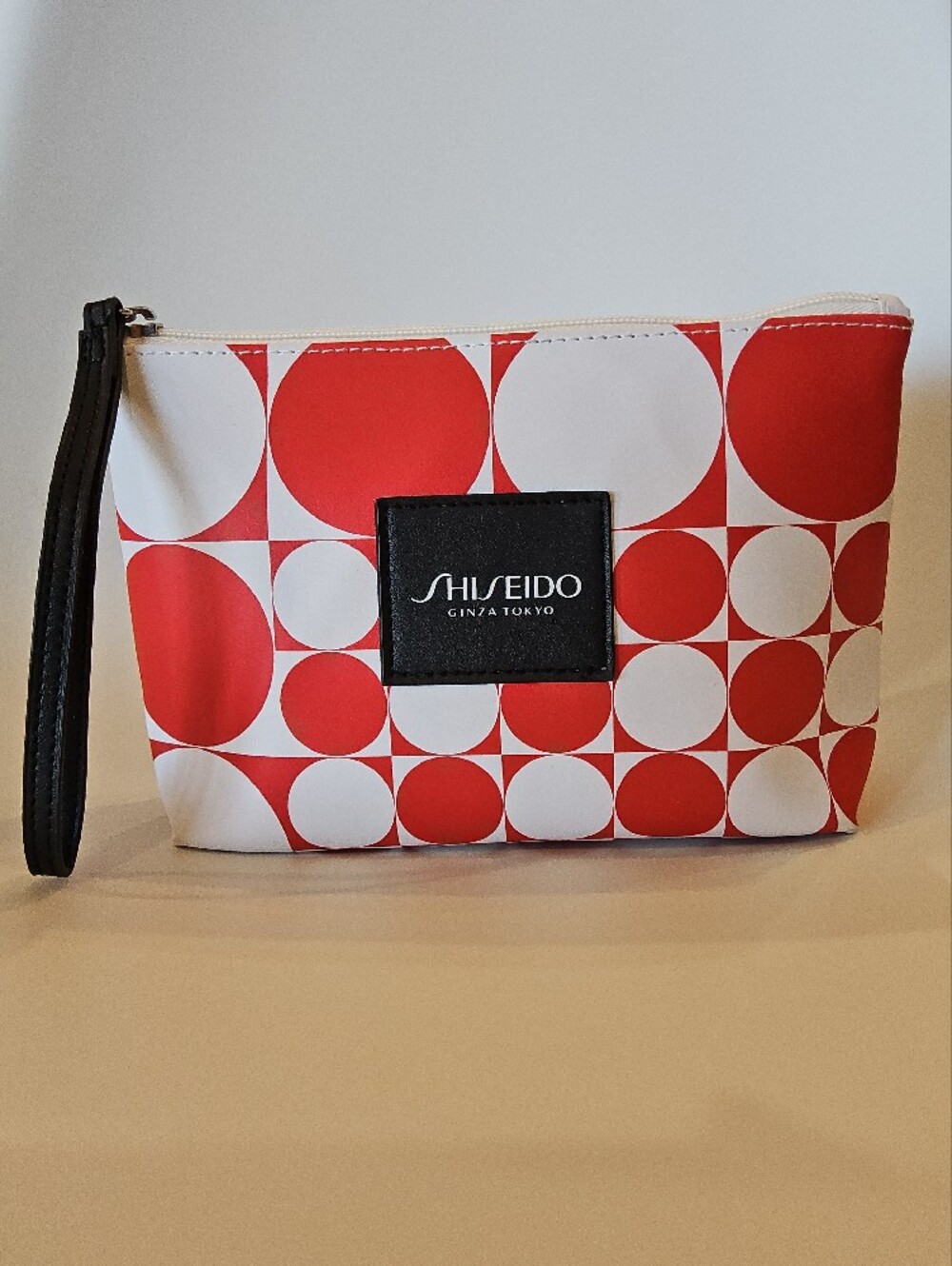 Shiseido Red and White Circle Pattern Cosmetic Pouch with Wrist Strap